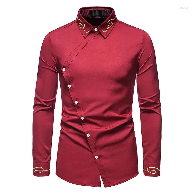 Casual overhemden voor heren Rood borduurwerk Western Cowboy-shirt Heren hipster schuine knop heren katoenen streetwear met lange mouwen