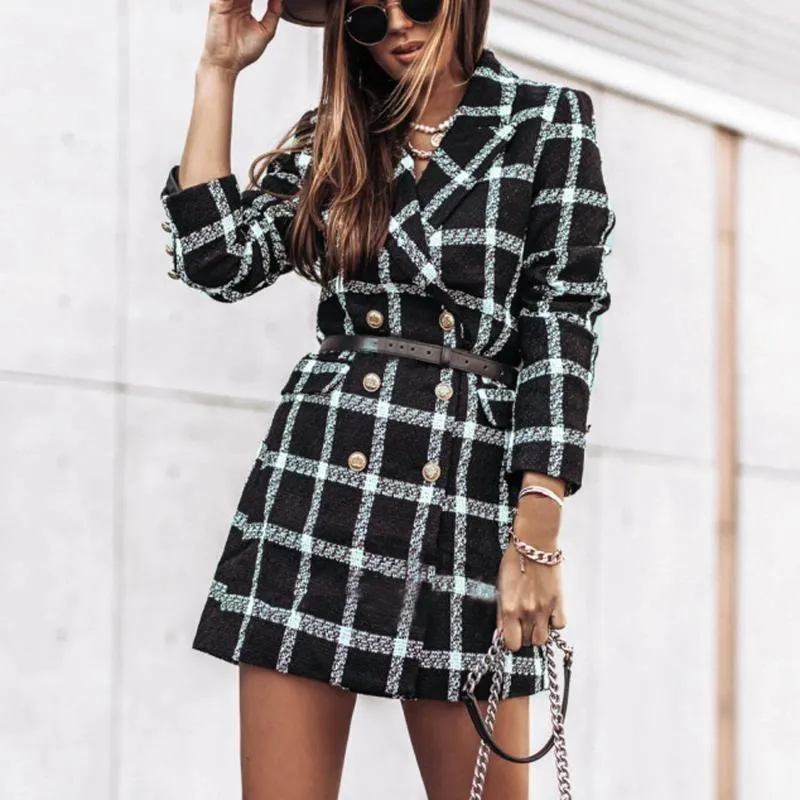 Kvinnors kostymer Autumn Spring Plaid Woolen Coat Dress Women Causal Office Ladies V-Neck Double Breasted Slim Jacket