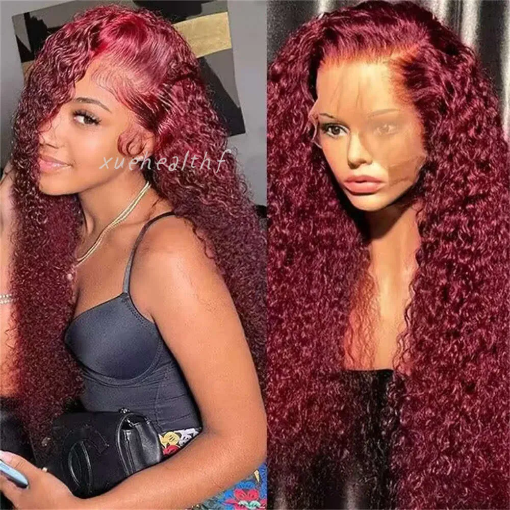 Spetsspår 13x4 99J Bourgogne Red Colored Deep Curly Spets Front Human Hair Wigs For Women Water Wave Transparent Spets Frontal Wig Glueless 231024