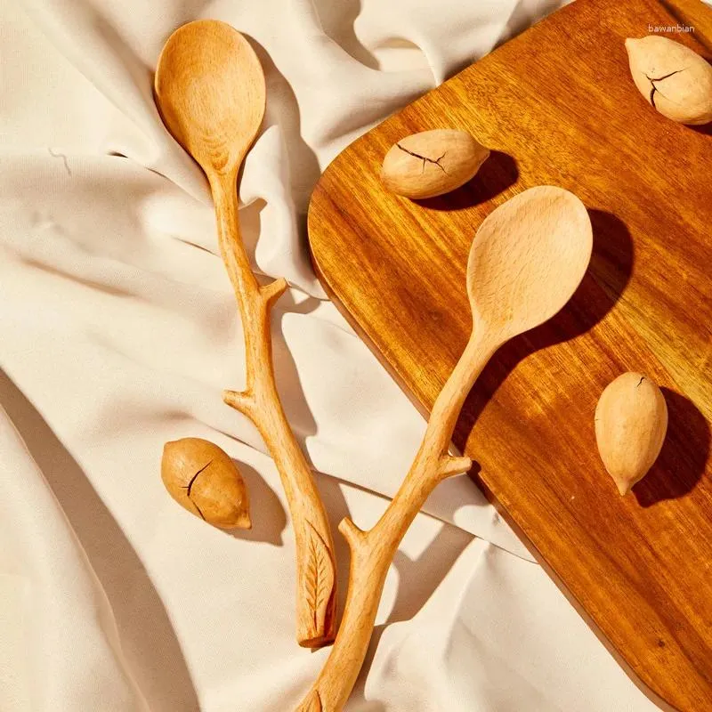 Spoons Wooden Spoon Handmade Beech Shaped Long Handled Coffee Stirring