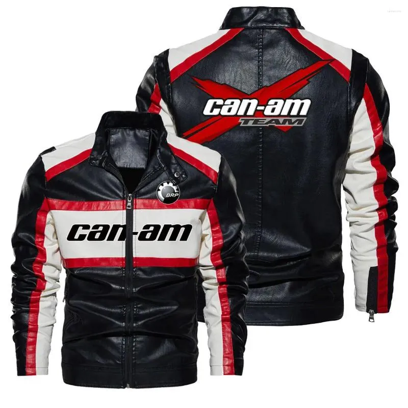 Men's Jackets 2024 Can-am Logo Fashion Mens Contrast Leather Jacket Stand Collar PU Male Anti-wind Motorcycle Men