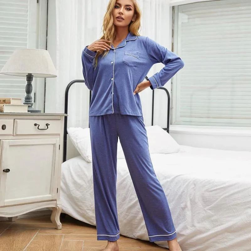 Ubranie domowe Wyprzebicie długie rękaw niebieskie top piżamę szlafroki dla kobiet w kombinezonie domowym snem 2 -częściowe zestawy s m l xl spodnie