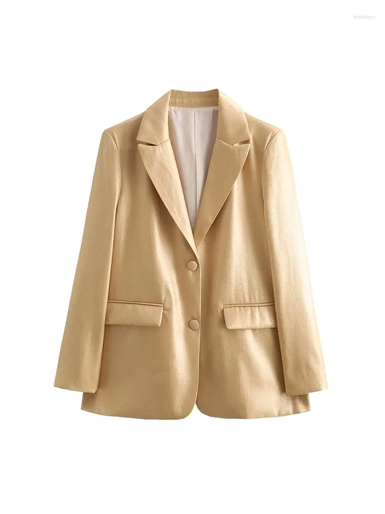 Costumes pour femmes 2024 Mode Gold Metallic Couleur Dames Printemps Long Slim Blazers Femmes Streetwear Casual Veste droite à simple boutonnage