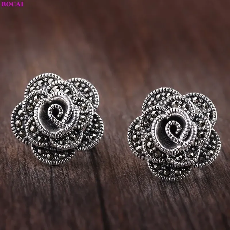 Oorbellen bocai s925 sterling zilveren oorbellen handgemaakte mode elegante thai zilveren sieraden kleine rozenbloem argentum studs voor vrouwen