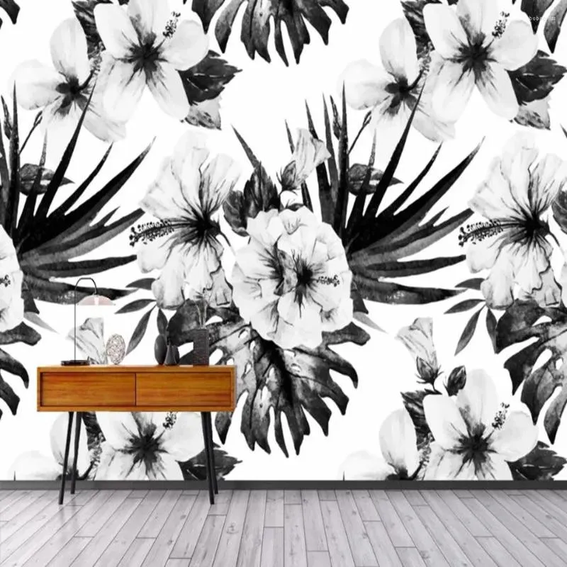 Wallpapers Milofi personalizado grande papel de parede mural 3d nórdico retro preto e branco peônia fundo