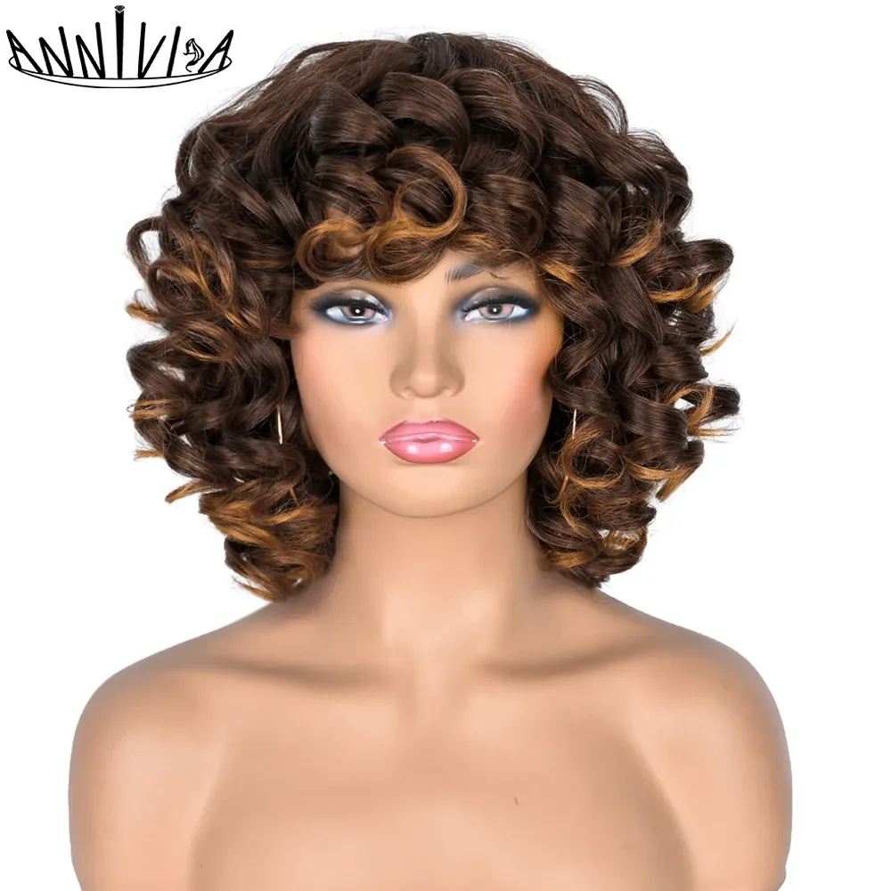 Wigs Short Hair Afro Curly Wig With Bangs For Black Women Synthetic Ombre Glueless Cosplay Wigs High Temperature Annivia