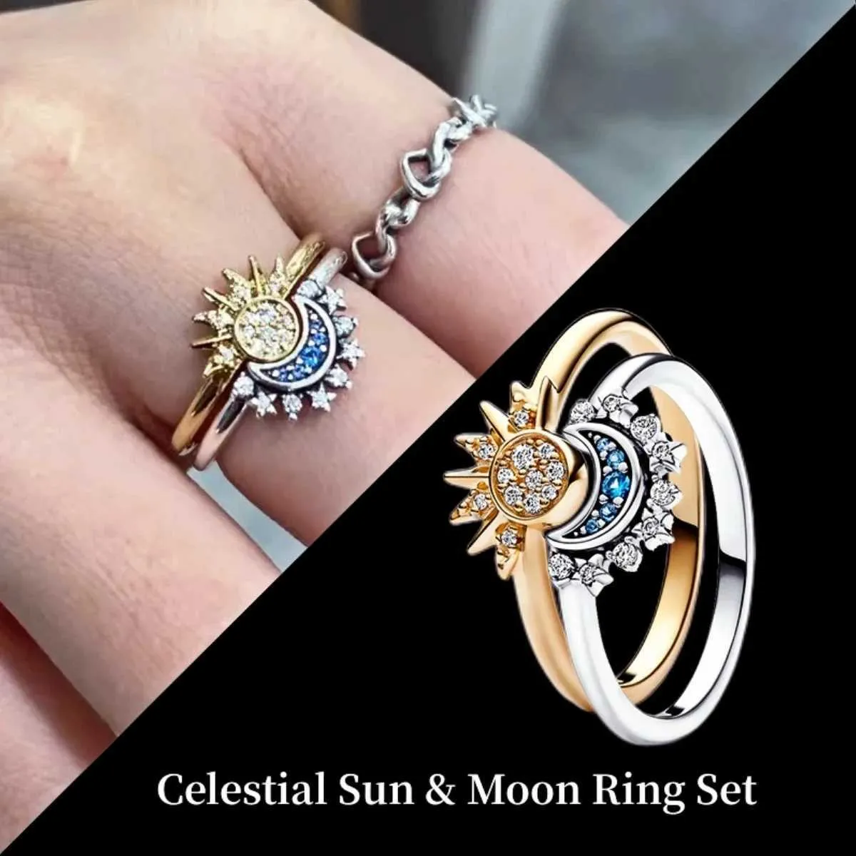 Band Rings Hot selling 925 sterling silver gold moon and sun ring set diamond heart sparkling ring exquisite jewelry for women charming party giftsL40402