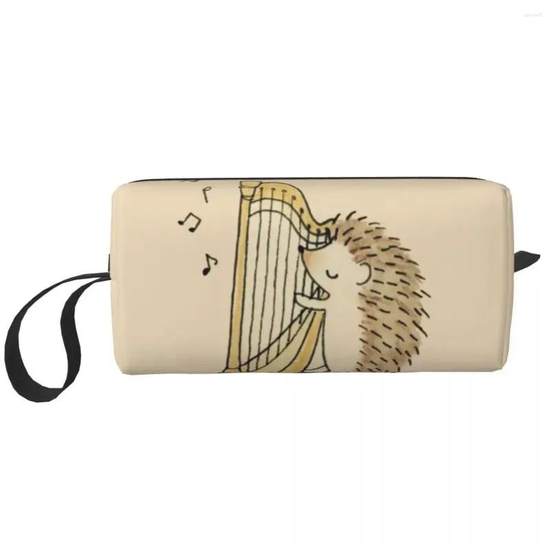 Cosmetic Bags Hedgehog Playing Harp Portable Makeup Case For Travel Camping Outside Activity Toiletry Jewelry Bag