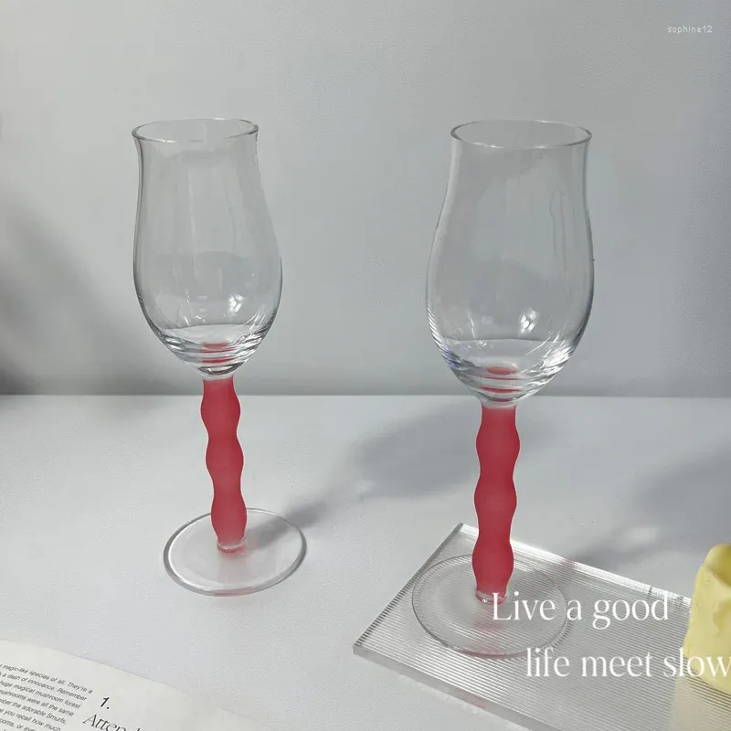 Şarap Gözlükleri 1 Parça 180ml 6o Buzlu Pembe Köklü Kırmızı Şampanya Flüt Goblet Cup Stemware Bar Partisi