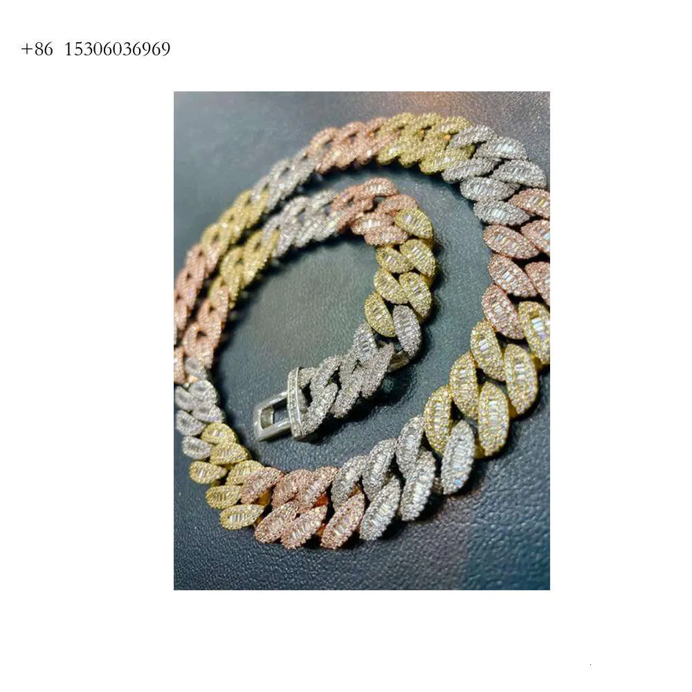 Bijoux en vrac à vente chaude 16 mm Moissanite Diamond Solid Sier 3 Tone Gold plaqué Cuban Link Chain de distributeur