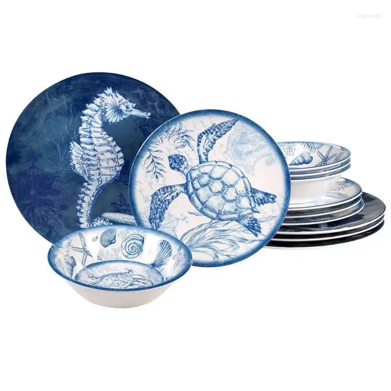 Set di stoviglie oceanica: melamina set oceanica a 12 pezzi blu