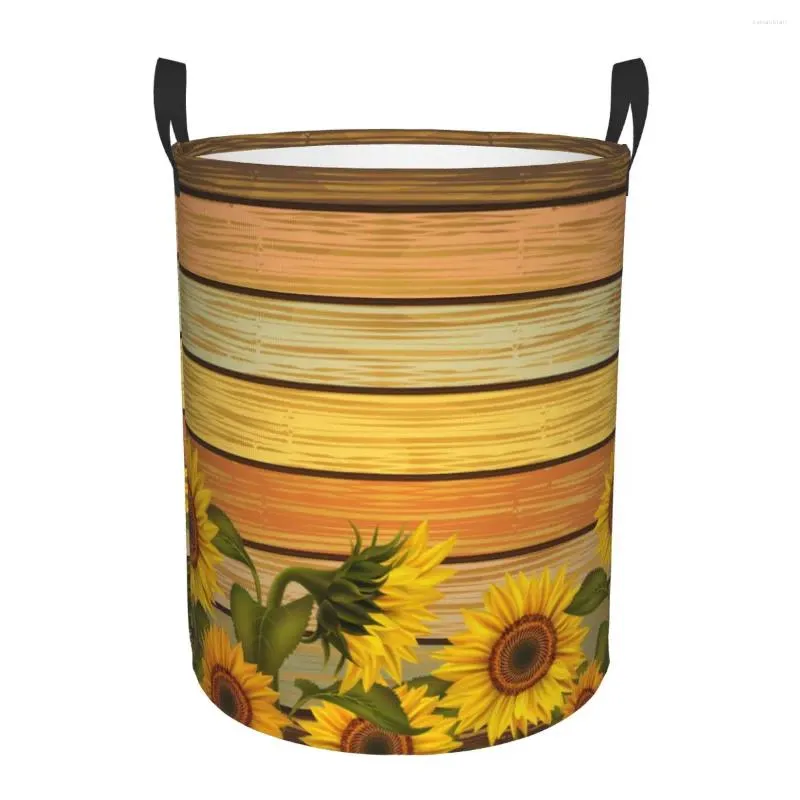 Laundry Bags Foldable Basket For Dirty Clothes Sunflowers And Leaves On Colored Wooden Storage Hamper Kids Baby Home Organizer