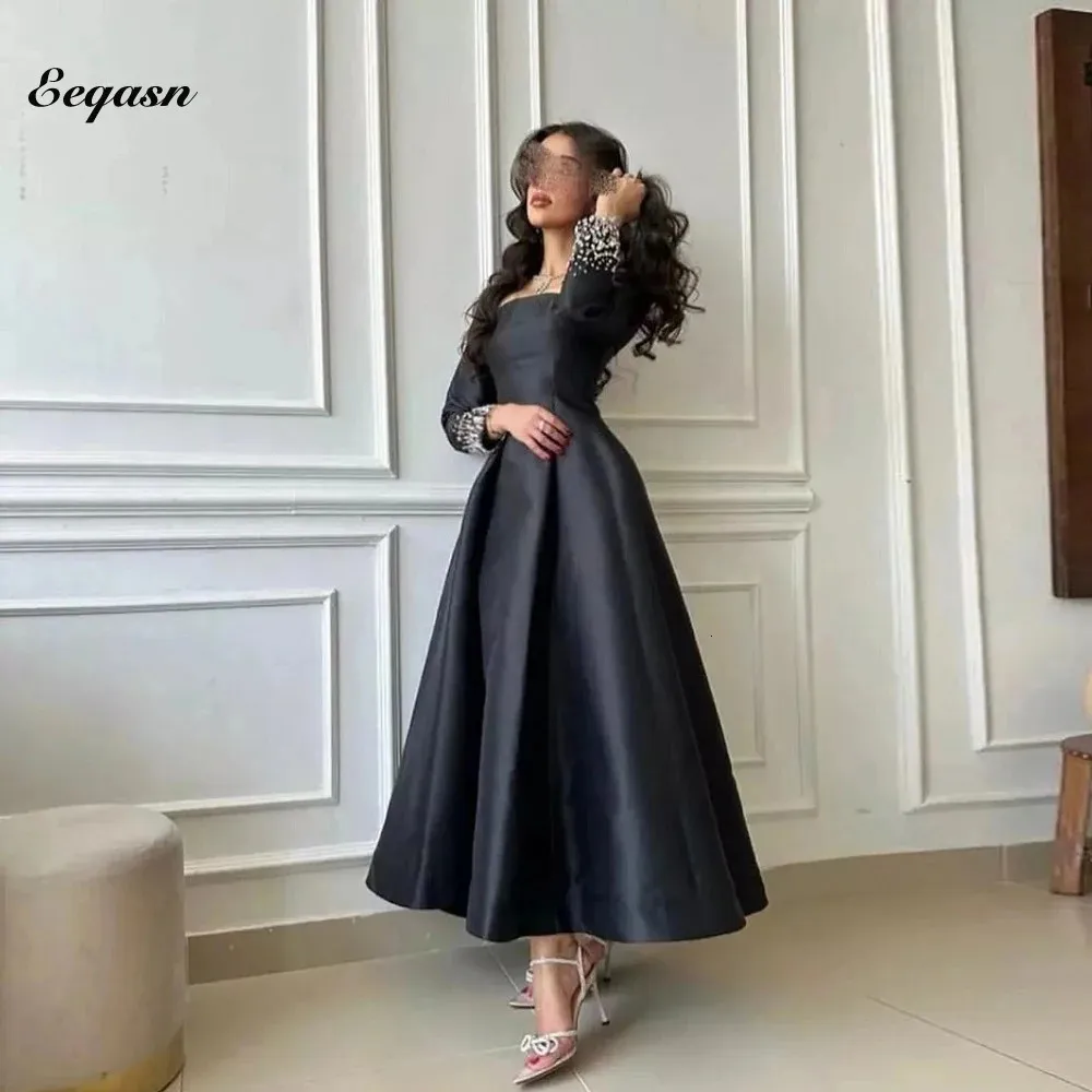 Simples preto vestidos de baile pescoço quadrado formal vestido de noite miçangas manga longa saudita árabe cetim vestido de festa para mulher 240320