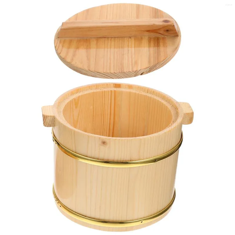Garrafas de armazenamento Tigela de mistura de barril de madeira com tampa Display de sushi cozido balde de arroz organizador de vaporizador