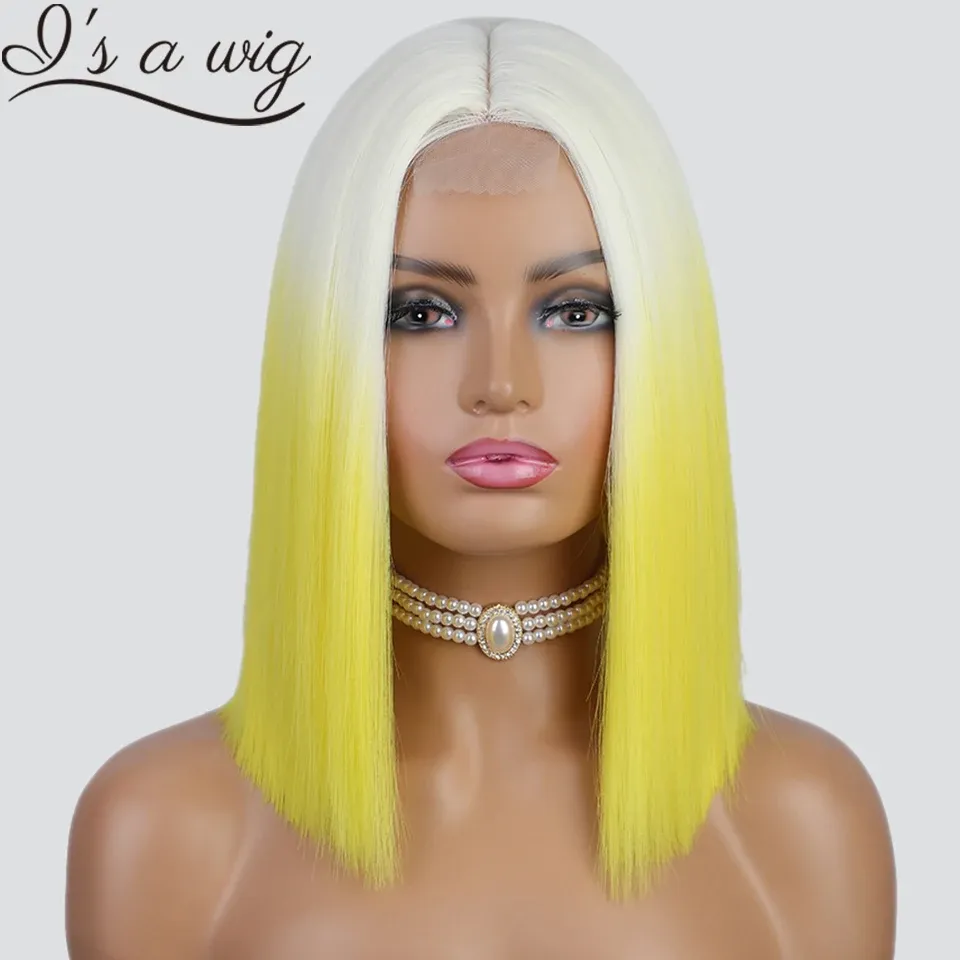 Wigs I is een pruik synthetische pruiken korte witte gele bob pruik recht middelste middelste deel blonde roze oranje blauw feest cosplay pruiken voor vrouwen