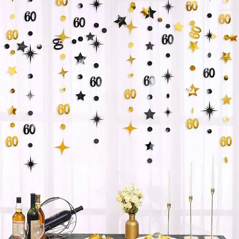 Parti Dekorasyonu 4pcs Siyah Altın 60. Doğum Günü Dekorasyonları 60 Circle Dot Twinkle Star Çelenk Saleti Yıldönümü Malzemeleri