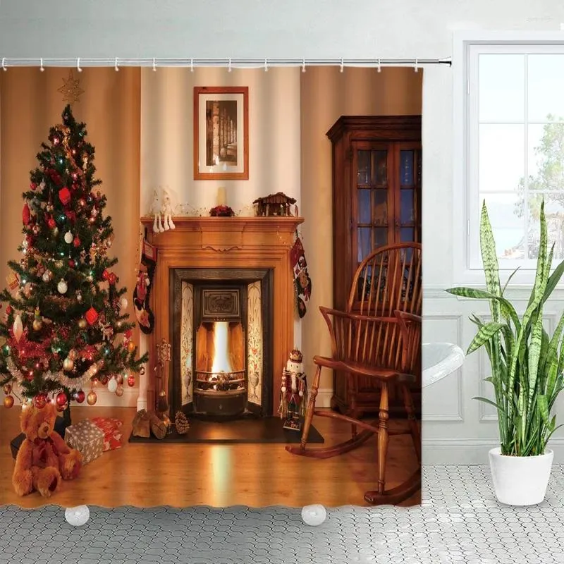 Cortinas de ducha Tema de Navidad Conjunto de cortinas Árbol Chimenea Sala de estar Decoración Año Hogar Tela Baño con ganchos