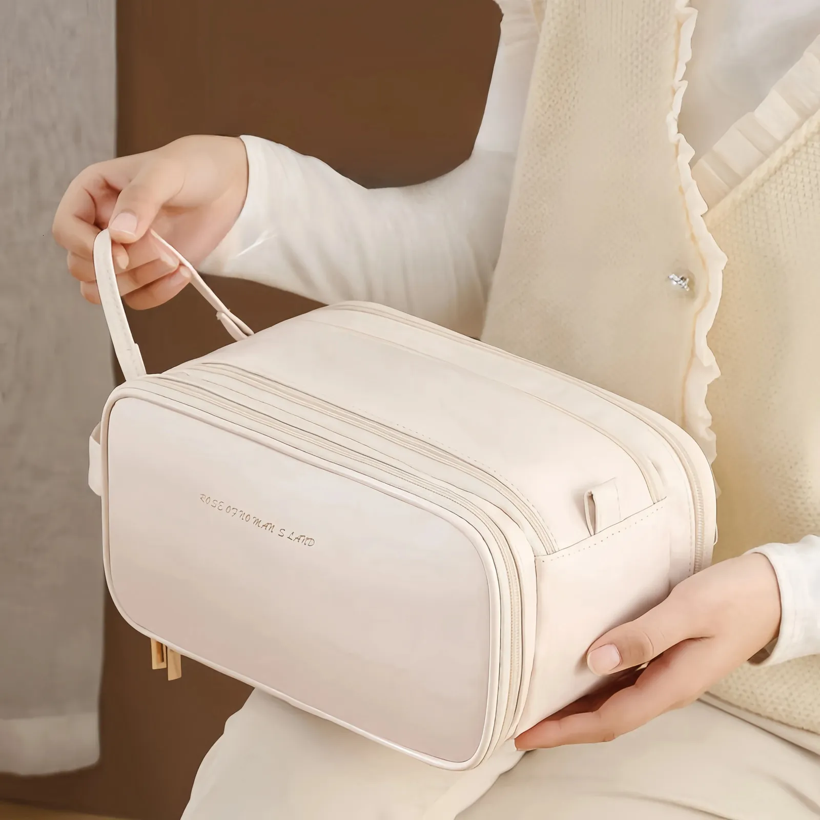 beige travel makeup bag Case offering spacious storage with built Daily Small Travel Case -