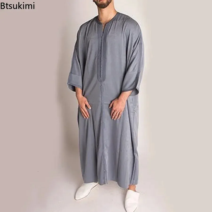 Durable Kaftan Arab Muslim Robe Men Jubba Thobe Long Sleeve Dubai Islamic Ethnic Gown Nightshirts Fashion Loose Casual Clothes 240328