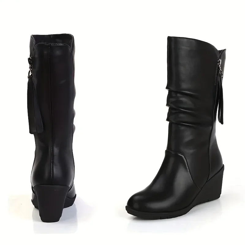 Ботинки женский клин середина сапог голени Slouchy Round Toe Side Side Shipper туфли Allmatch Fashion Boots