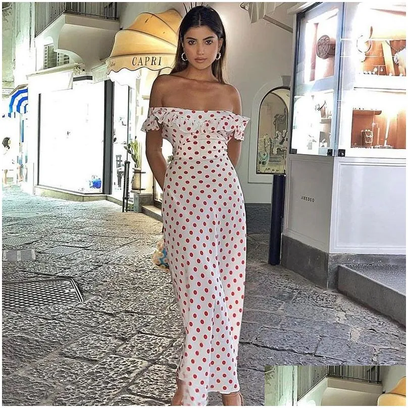 Grundläggande casual klänningar kvinnor röd polka dot sommar rygglös y klänning koreansk elegant snörning upp tunika boheme strand lång femme droppleverans en dhwei