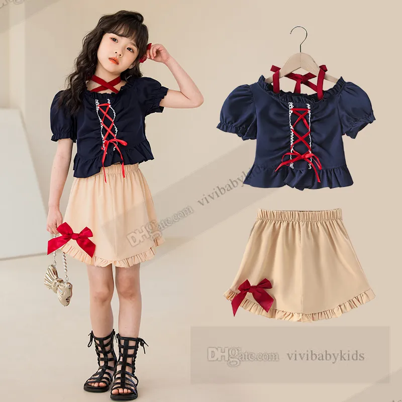 Filles d'été Bows vêtements de princesse ensembles enfants à lacets col à volants manches bouffantes hauts jupe élastique élastique 2 pièces tenues pour enfants de mode Z7461