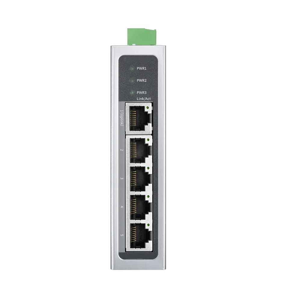 5-poorts industriële Ethernet-schakelaar, 100 Mbit, Track DIN-railtype, brede spanning 12V/24V/48V-ingang, DC-voeding, hoge en lage temperatuurweerstand, anti-interferentie