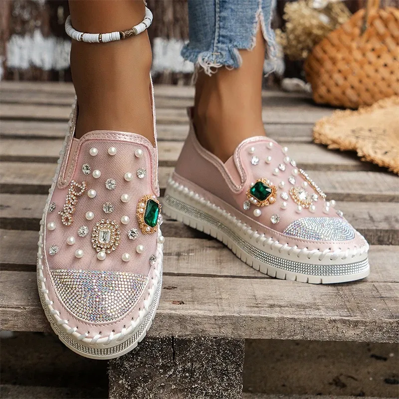 Flats Loafers Women Platform Crystal Shoes Flats Pearl Luxury Running Brand 2023 Autumn New Walking Casual Shoes Travel Mujer Zapatos