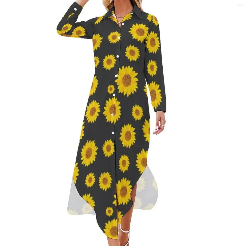 Casual Dresses Cute Sunflower Chiffon Dress Aesthetic Floral Print Stylish Female Sexy Clothing Big Size 4XL 5XL