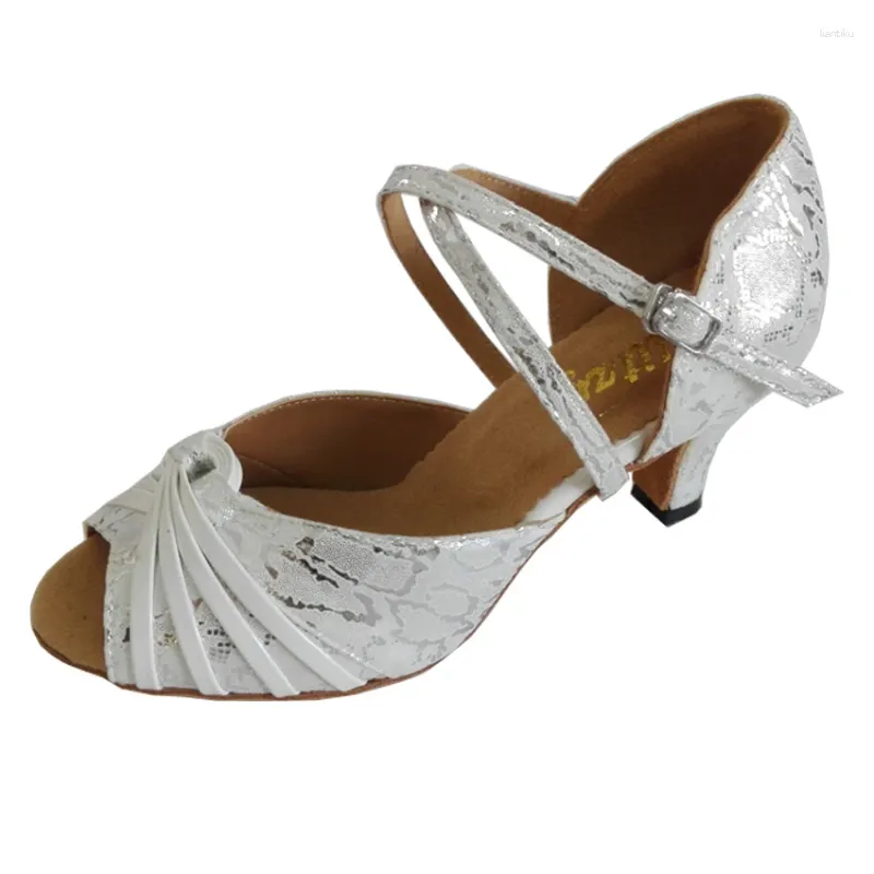 Dansskor Elisha Shoe Anpassad klack Kvinnor Silver/vit färg Latin Öppen Toe Ballroom Party Sandal