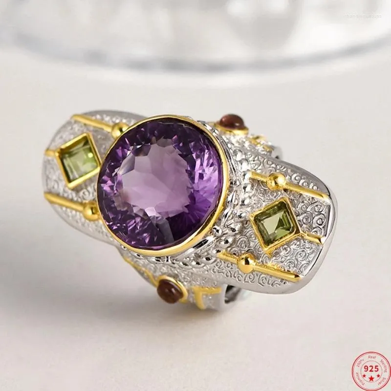 Cluster Rings S925 Sterling Silver For Women Men Fashion Natural Amethyst Geometry Exaggerates Personality Jewelry
