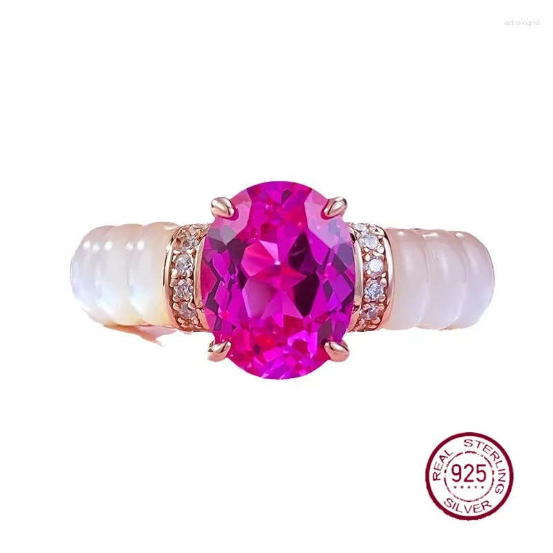 Bagues de cluster Diffusion en direct S925 Argent Fritillaria incrusté de 7 9 Bague de diamant d'imitation rose ovale peut être envoyée en remplacement