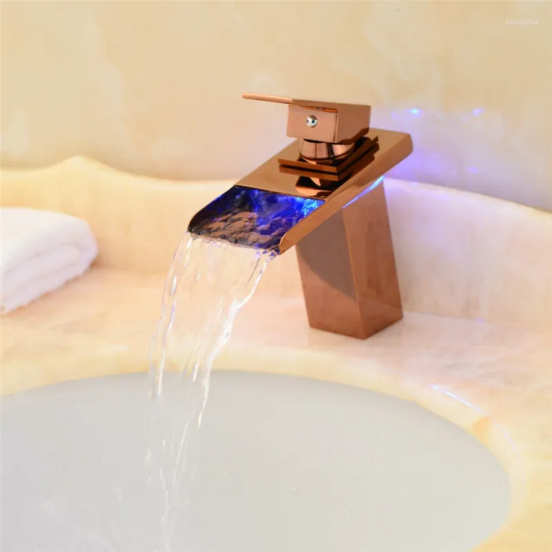 Bathroom Sink Faucets Waterfall Faucet Deck Mounted Brass Vanity Mixer Tap & Cold The Basin Rose Gold