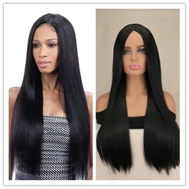 Perucas qqxcaiw Natural Black Color Wigs Parte média Longa peruca de festa diária sintética e reta resistente ao calor para mulheres