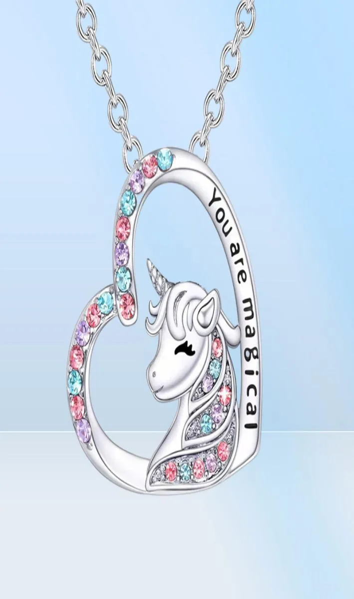 Unicorn Pendant Necklace Cute Lucky Heart Crystal Birthstone Horse Necklaces You Are Magical Jewelry Birthday Gift Girls58589867677581