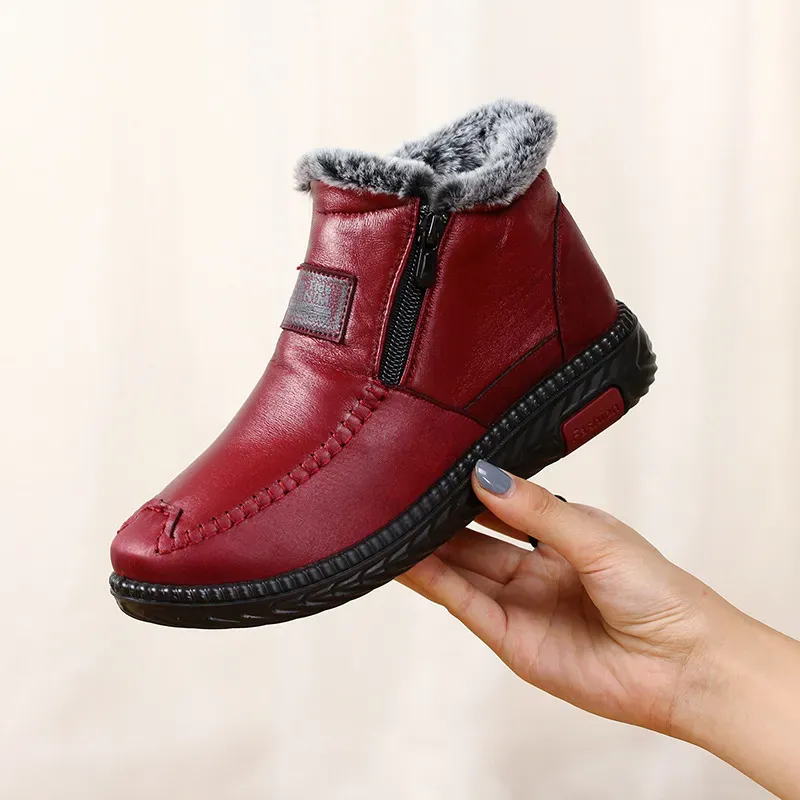 Boots Boots de coton zip pour femmes 2022 Hiver imperméable Rex Rabbit Fur Chaussures de tissu chaud plus Velvet Mother's Cotton non glissière Bottes de neige