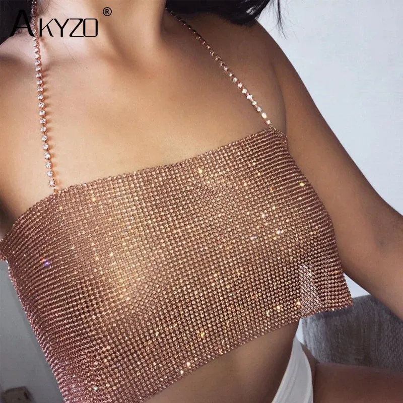 Camis Women Glitter Glitter Metal Cristal Body Chain Biquini Cami Crop Top RhiSestone LEECHINS Clubas de praia