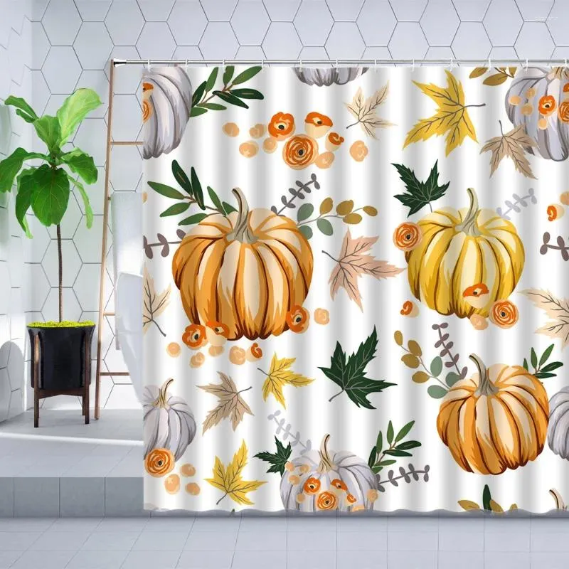 Duschgardiner Autumn Curtain Set Akvarell Pumpkin Farmhouse Thanksgiving Holiday Badrum Badkar med krok med krok