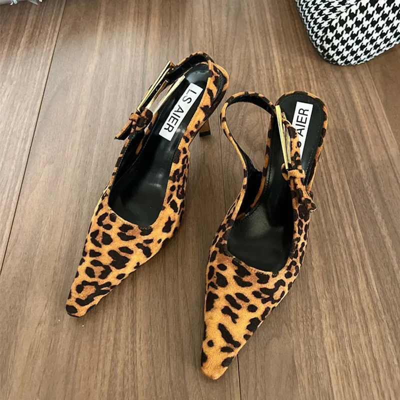 Leopard مدببة إصبع القدم مثير أحذية الكعب العالي الصيف الصيفية 2024 مصمم فستان Party Walking مضخات Mujer Zapatos 240320