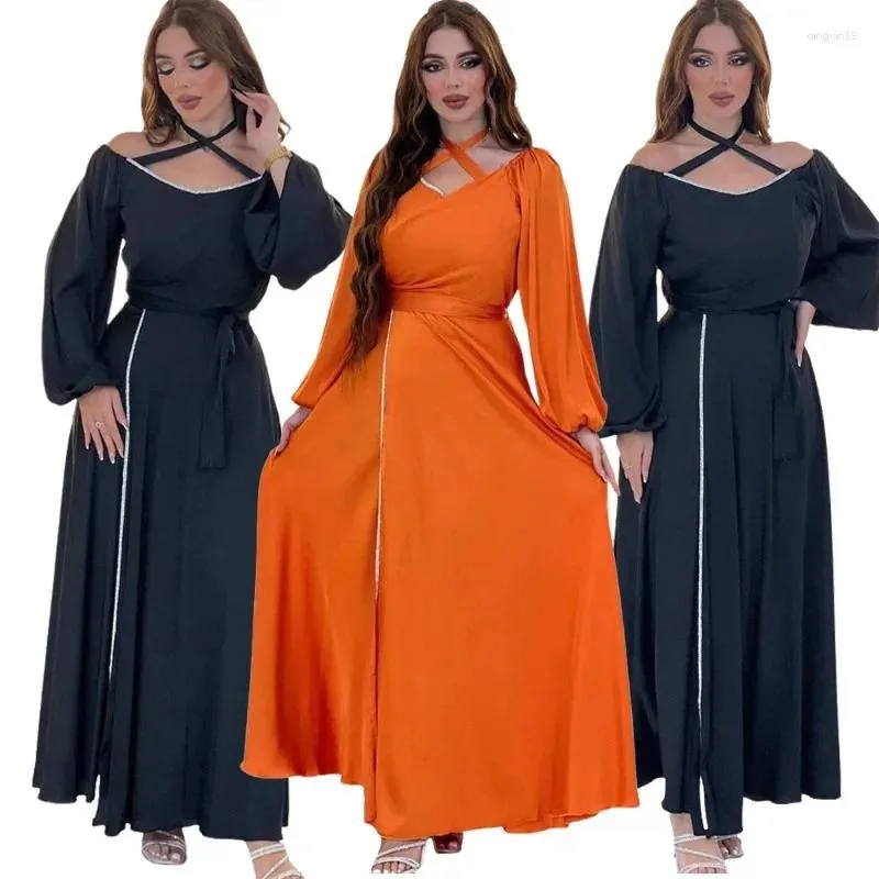 Etniska kläder satin diamant eid party marocko abaya muslim för mode kvinnor lykta ärm maxi klänningar dubai kaftan arabisk klänning islam