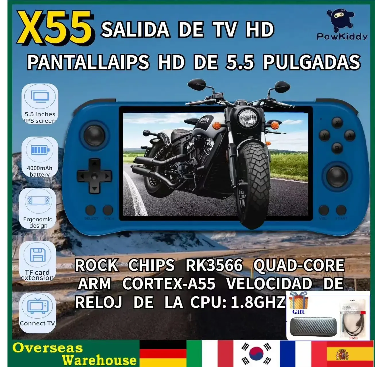 Jugadores 512GB POWKIDDY X55 RK3566 OpenSource Pantalla IPS de 5.5 PULGADAS Consola de juegos portátil Sistema Linux 4000MAh TV HDMI LPDDR4X 90000 Juegos