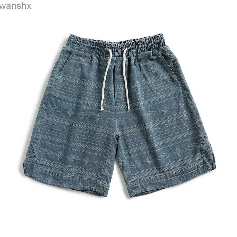 Men's Shorts Summer Japanese retro ethnic style washed denim fabric brushed loose print mens Amikaki hatL2404