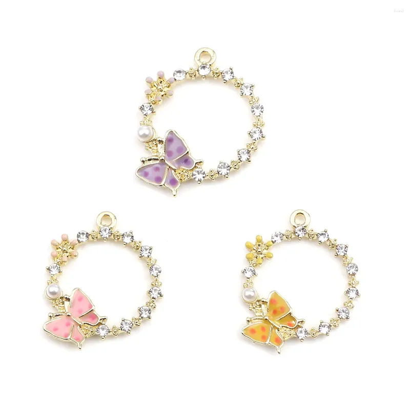 Pendentif Colliers DoreenBeads Bijoux de mode Faisant la série d'insectes Charms Cercle Bague Rose Papillon Strass clair 24 x 20 mm 5 PCs