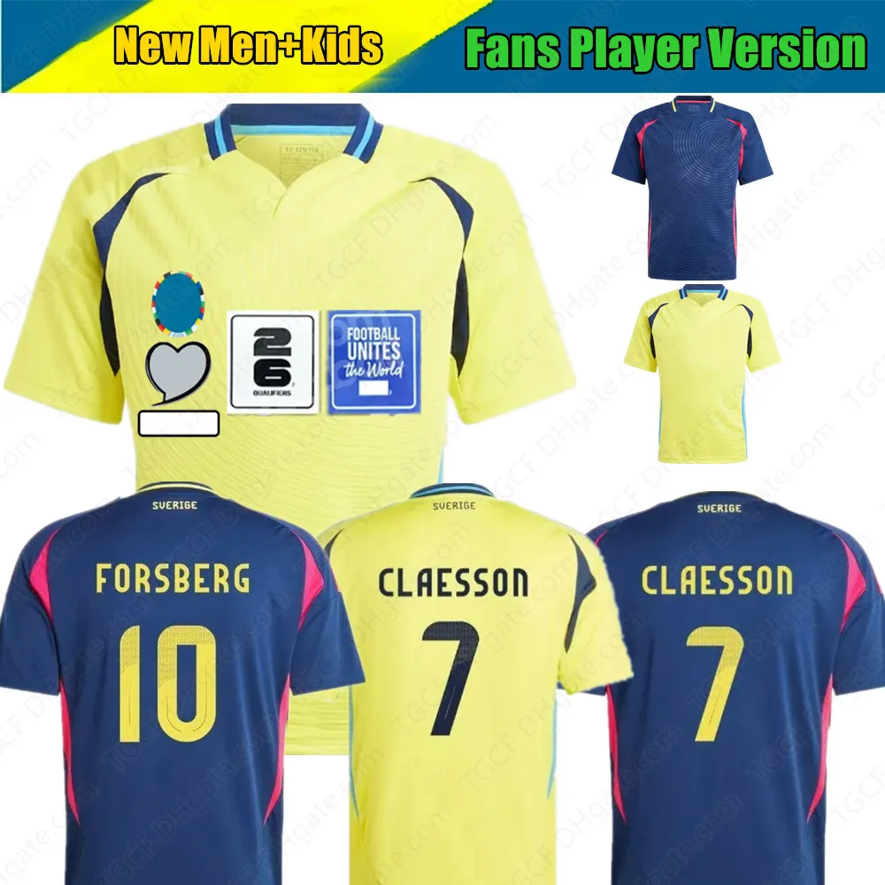 2024 Suède Euro Cup Soccer Jersey IBRAHIMOVIC 2025 Équipe nationale suédoise 24/25 Maillot de football Kit pour enfants Accueil Jaune Extérieur Bleu Marine Uniforme pour hommes LARSSON FORSBERG