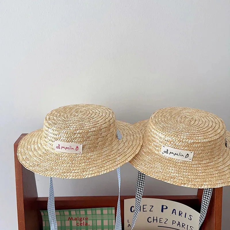 Sommar Big Brim Kids Straw Hat With Lable Children Panama Caps for Girs Boys Sun Hat 240319