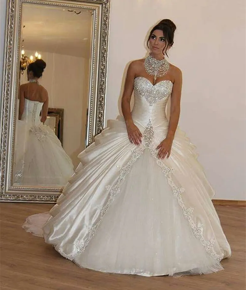 Princess Ball Gown Sweetheart Neckline Pleats White Sequin Wedding Dress main image 0