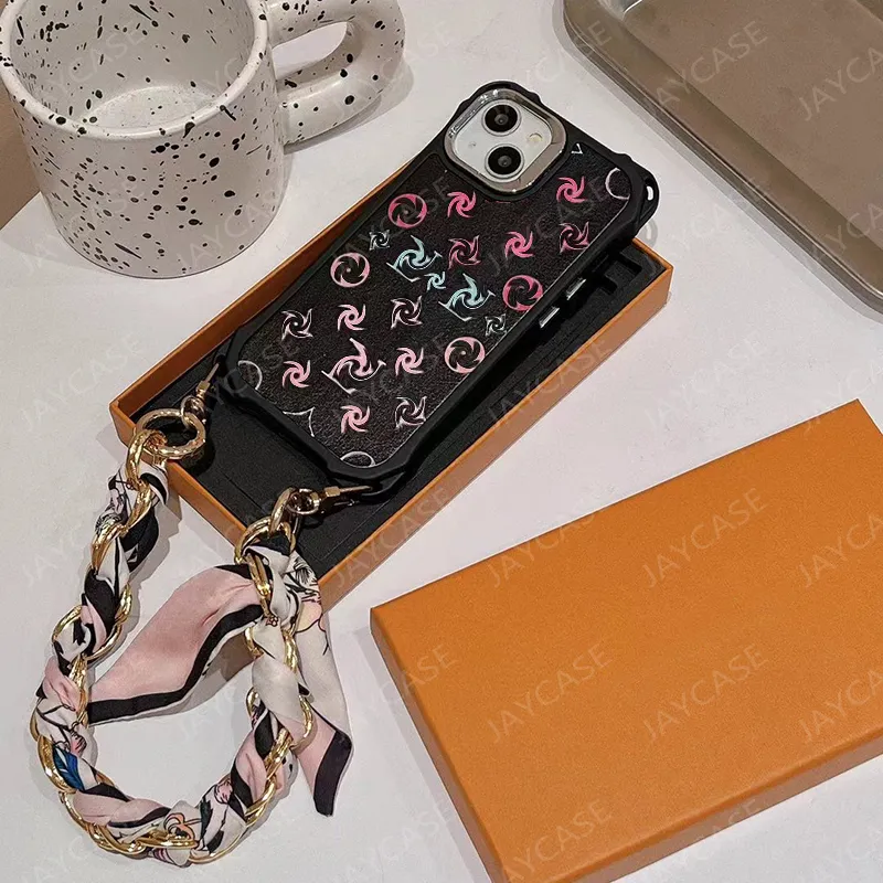 Luxury Gold Chain Armband Phone Cases For IPhone 15 Pro Max 14 13 Silk Scarves Case Fashion Colorful Flowers Phonecase For Women Shockproof Cover Shell -5