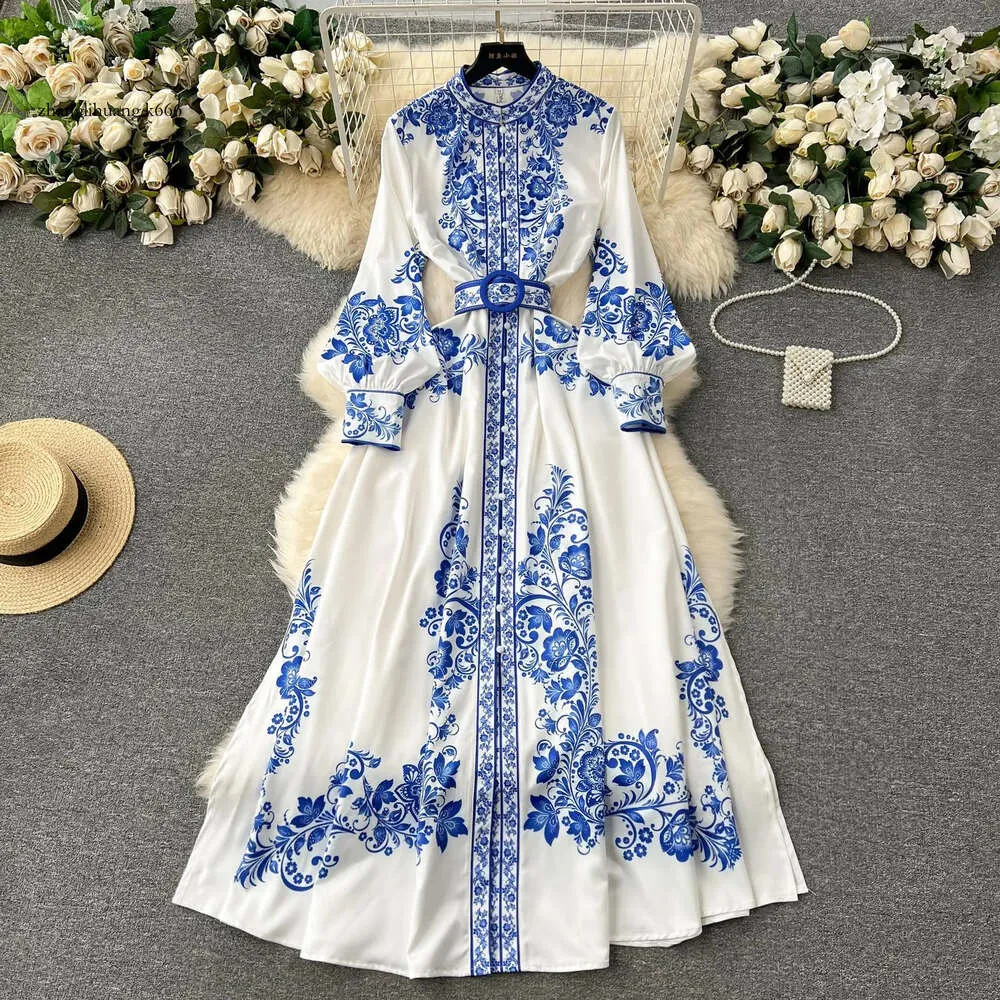 Casual New 2024 Dresses Fashion Runway Red And White Porcelain Dress Women's Stand Long Lantern Sleeve Blue Floral Print Shirt Robe Vestidos 2024