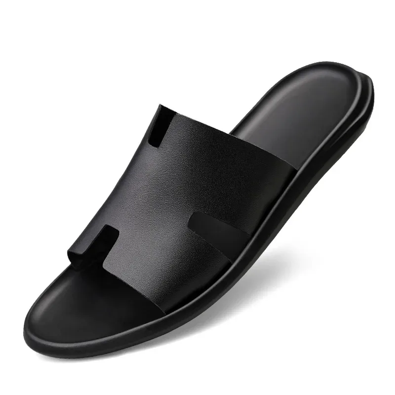 Shoes Hot Sale Genuine Leather Men Sandals Slippers Outside Black White Shoes Casual Soft Flip Flops Male Cool Beach Summer Slides