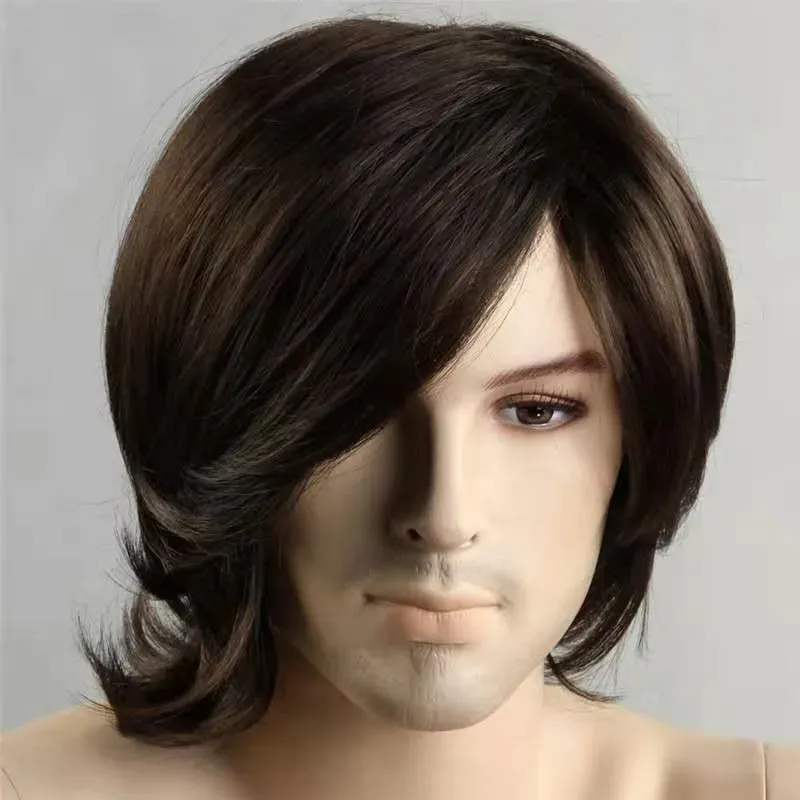 Wigs Men Black Synthetic Wigs With Side Part Bangs for Men's Daily Wig Male Wavy Natural Hair Heat Resistant Breathable